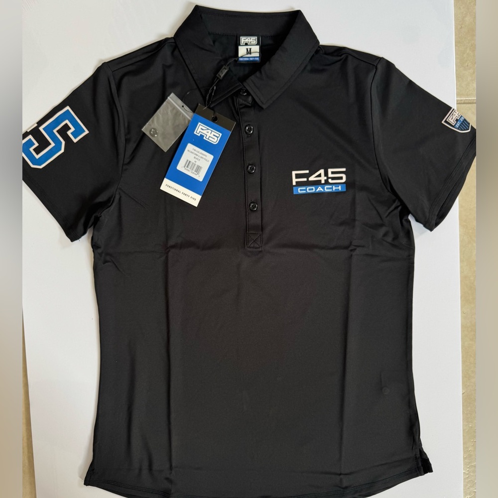 NWT F45 Black Coach Quick Dry Polo Uniform Shirt Woman Size Medium